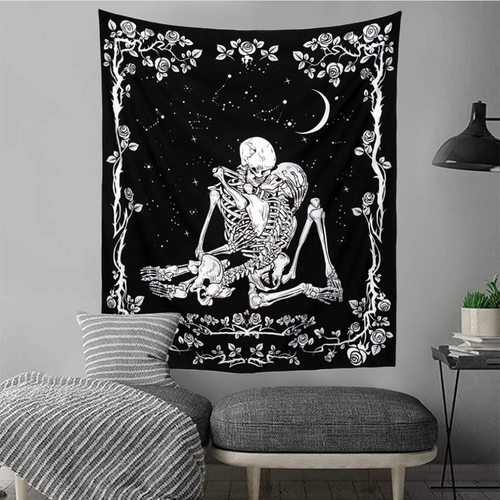 Kissing Skeleton Lovers Black Wall Tapestry Love Death Skeletons Flowers New